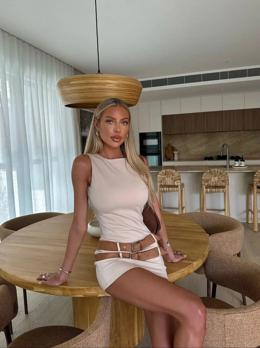 Women's Summer Round Neck Double belt Solid Hollow Out Elegant Button Mini Dress