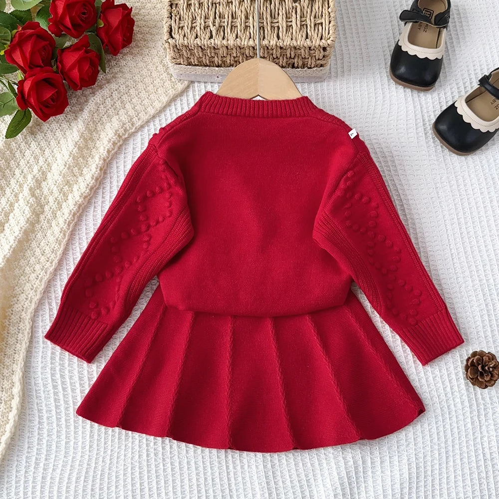 Girl's Winter Set V-neck Bow Sweater Top and pleated A-line Skirt 2-piece Set