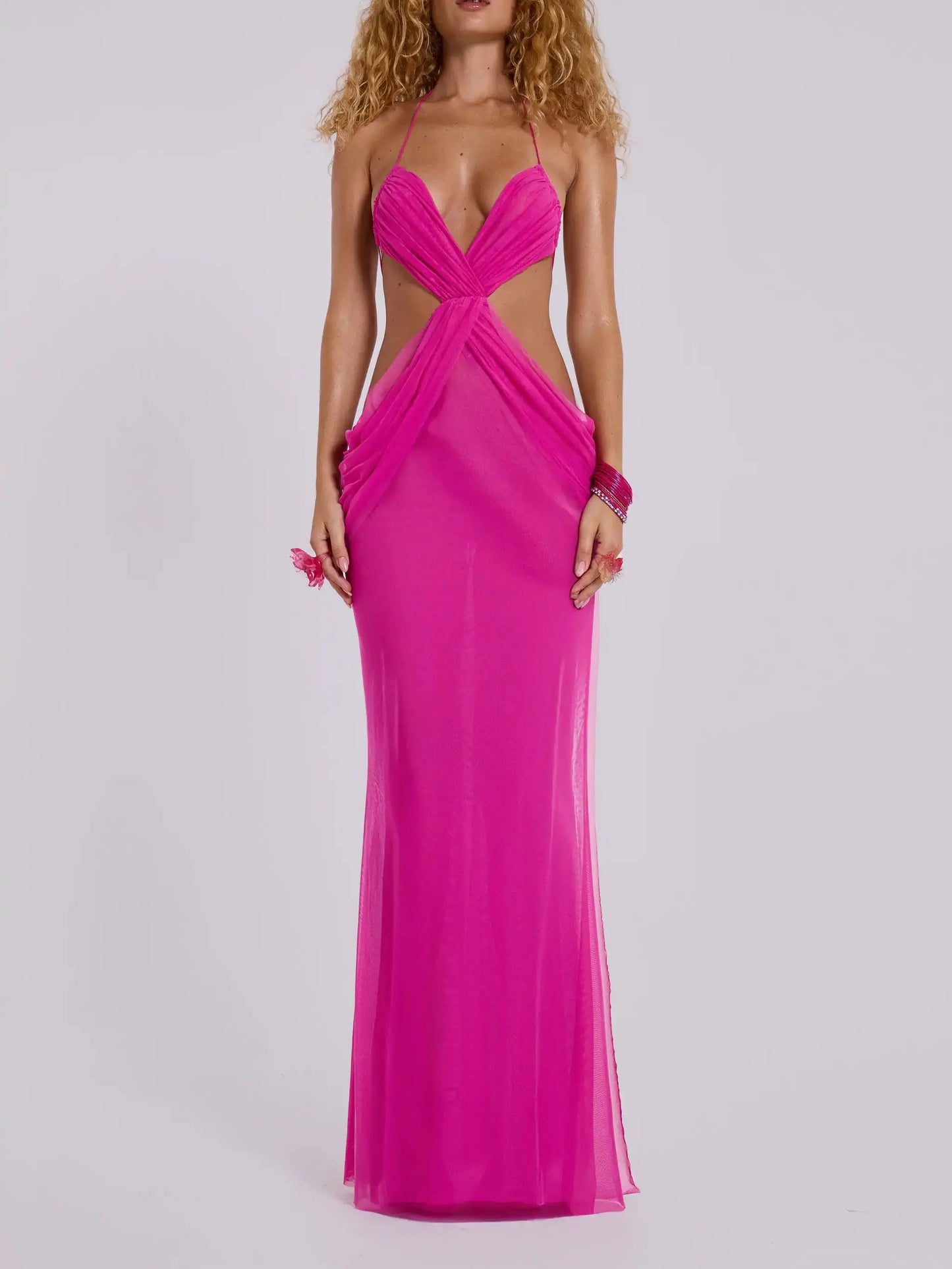 Women's Summer V Neck Ruffle Hollow Out Mesh Bodycon Sleeveless A-line Pink Maxi Dress