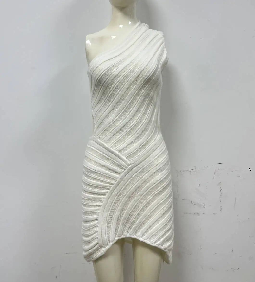 Women's Irregular Cut Out Knitted Mini One Shoulder Summer Sleeveless Bodycon Party Dress