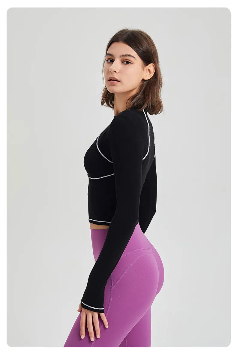 Women's Long Sleeve Yoga Shirt Striped Slim Fit Gym Running Top Round Neck Blouse Breathable Soft Workout Sportswear
