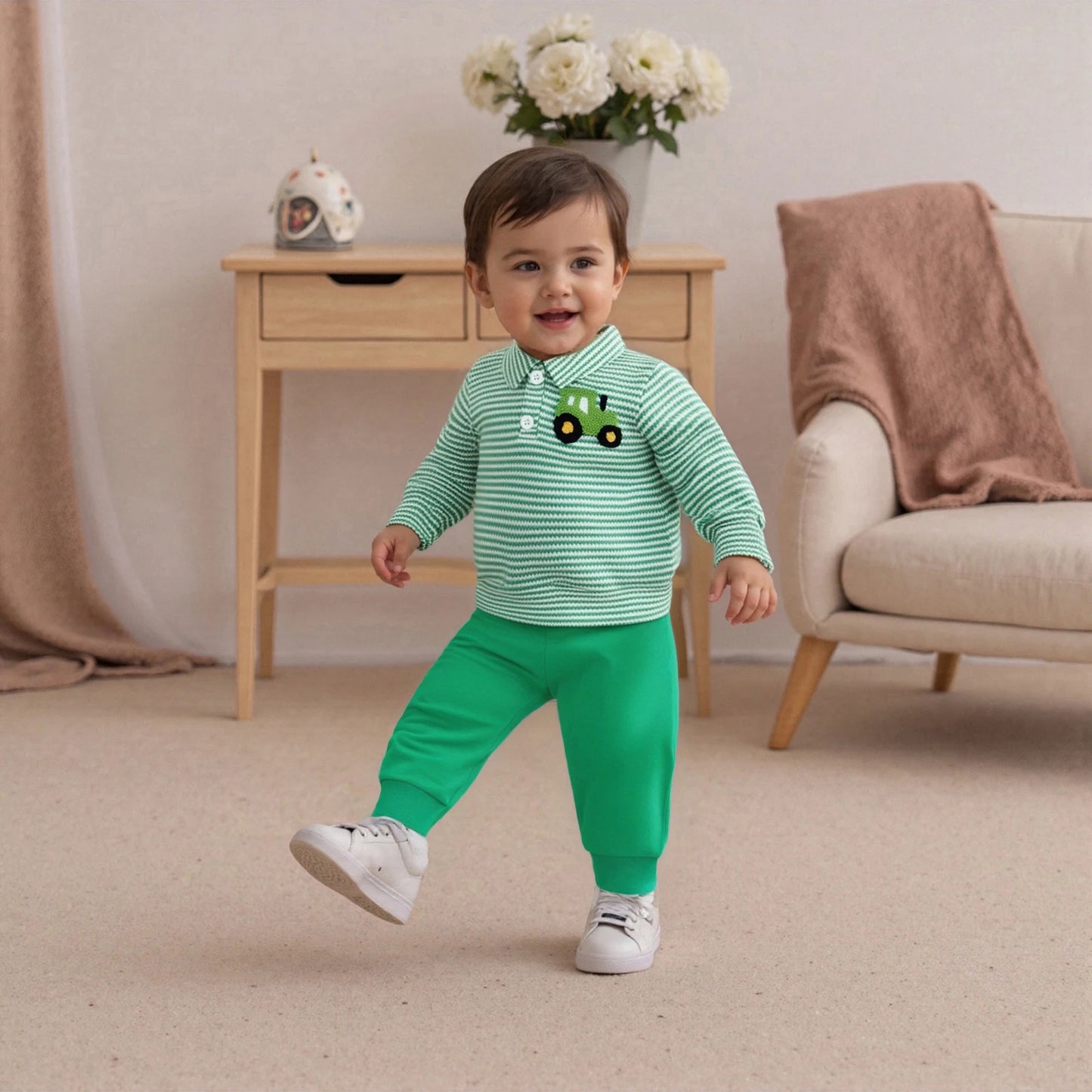 Infant Baby Boys Fall Winter Clothes Set - Long Sleeve Truck Embroidery Striped Top & Elastic Waist Pants