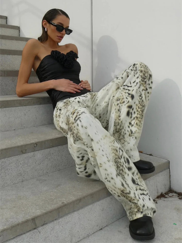 Women's Vintage Leopard Wide-Leg Jeans - Casual Streetwear Straight Pants