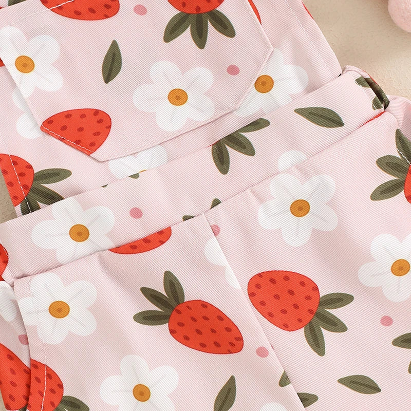 Kids Girls Overalls Shorts 0-6Y Sleeveless Straps Strawberry/Flower Print Denim Button Pocket Jumpsuit