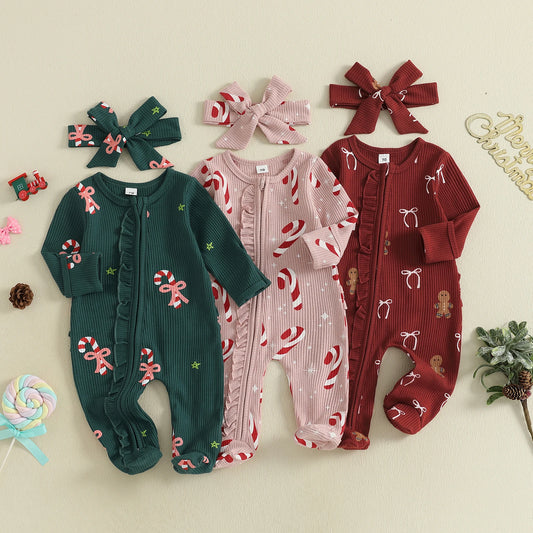 Baby Christmas Romper Set - Candy Cane/Gingerbread Print Oblique Zipper Jumpsuit & Headband