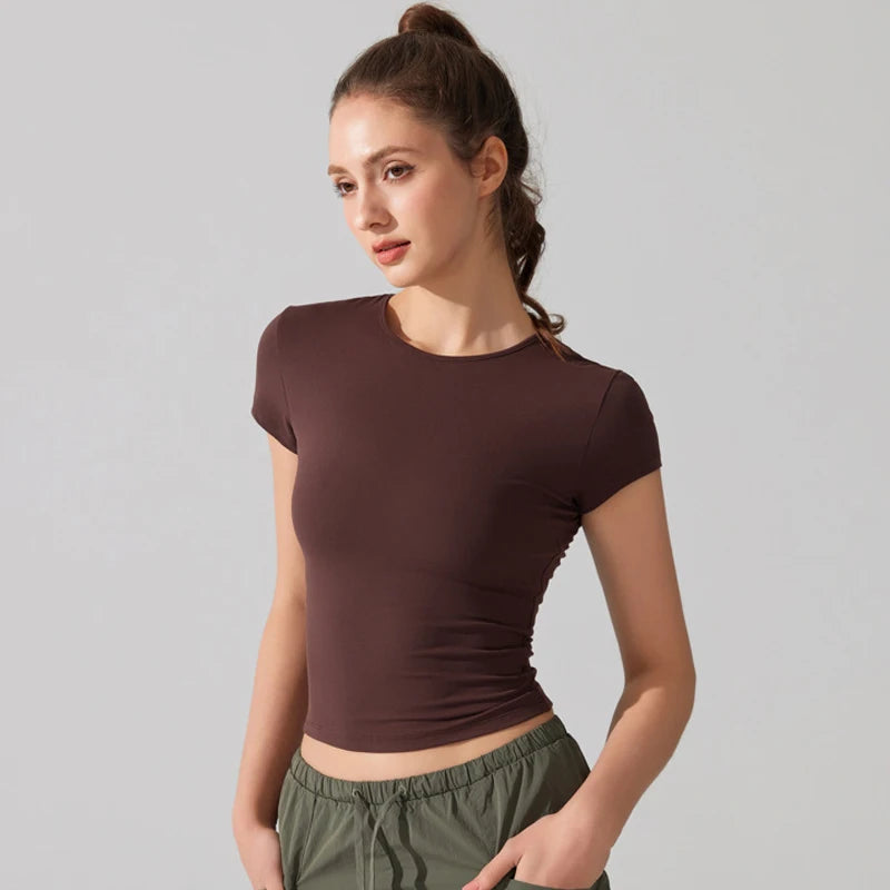 Women's Summer Short Sleeve Yoga T-Shirt Solid Color Slim Fit Gym Running Top Round Neckline Breathable Quick Dry Fitness Sportswear