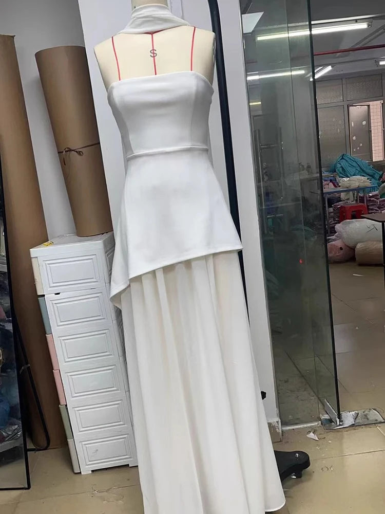 Women's Elegant Strapless Maxi Gown With Scarf Off-shoulder Sleeveless Backless Split Beach Long Dress