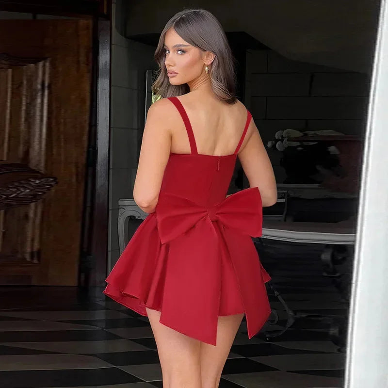 Women's Bows Spaghetti Strap Plunge Bodycon Mini Zipper A-Line Backless Folds Party Dress