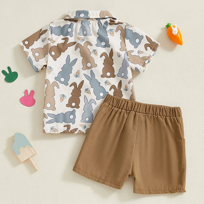 0-4Y Kids Boys Easter Gentleman Clothes Set Bunny Print Short Sleeve Button-up Bow Tie Shirt Elastic Shorts
