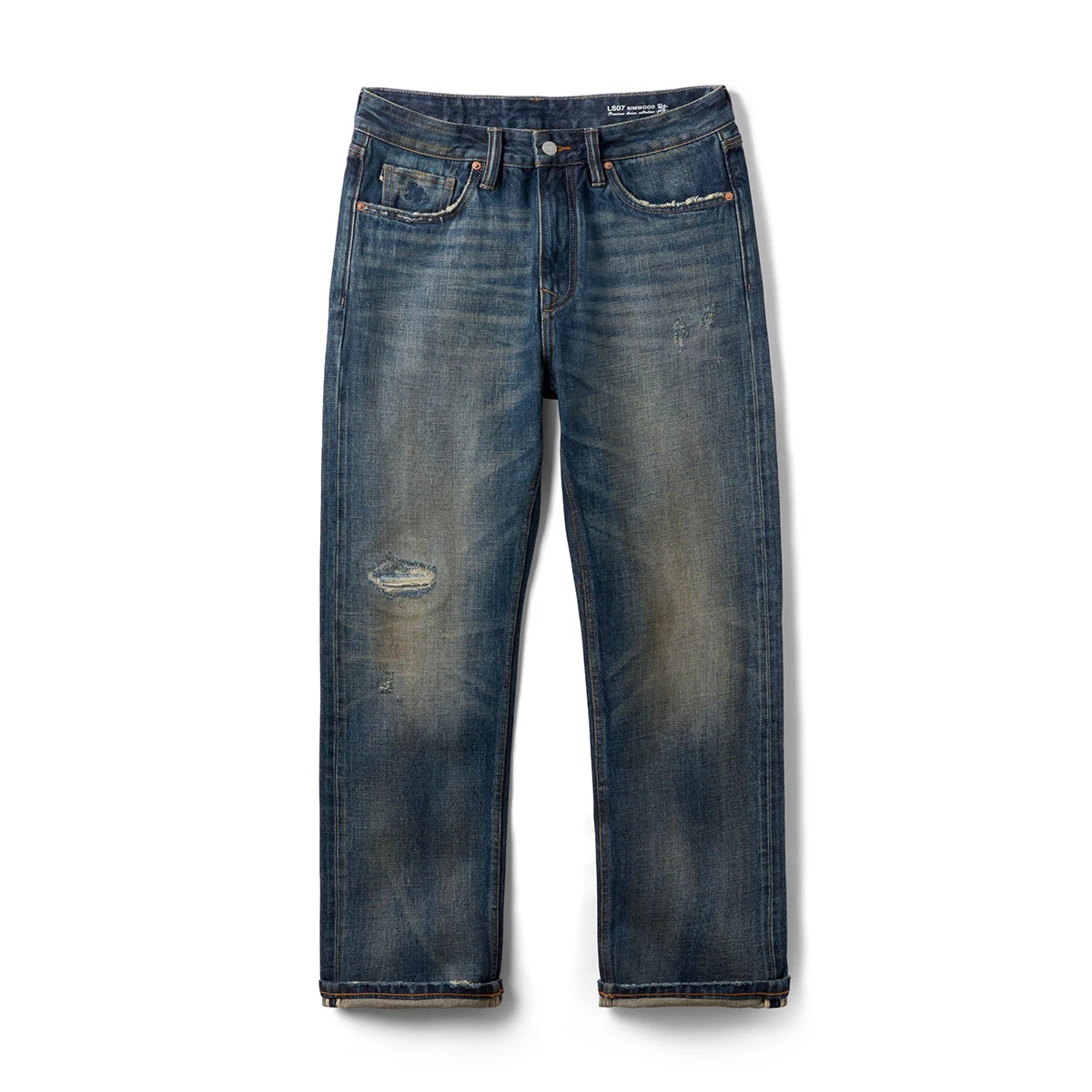 Men's Premium Selvedge Denim Jeans - 14.3oz Cotton Loose Straight Patchwork