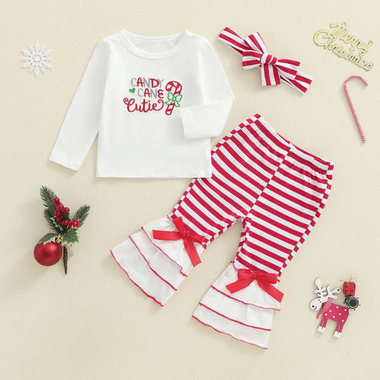Baby Girls Christmas Outfit Set - Candy Cane Embroidery Long Sleeve Top, Flared Pants & Headband (0-3Y)