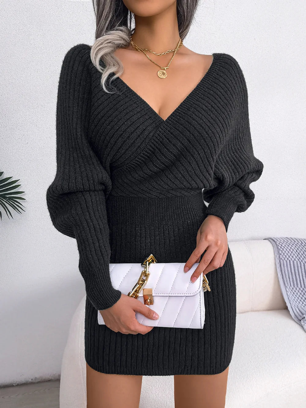 Women's Autumn Winter Cross V Neck Batwing Sleeve Casual Wrap Hip Woollen Dress