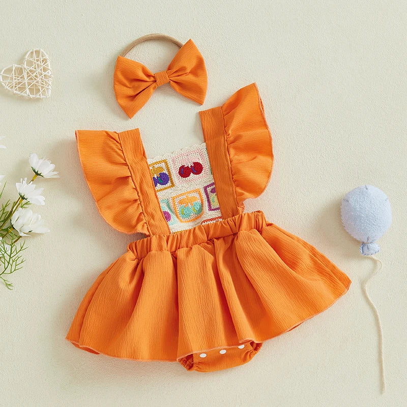 0-18M 2pcs Baby Girls Rompers Dress Cherry Embroidery Ruffles Fly Sleeve Skirt Hem Jumpsuits with Headband