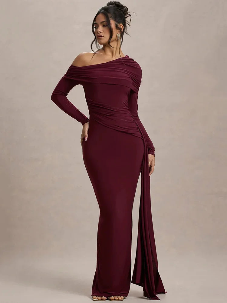 Women's Skew Collar Long Sleeve Maxi Backless Draped Ruched Bodycon Long Dress