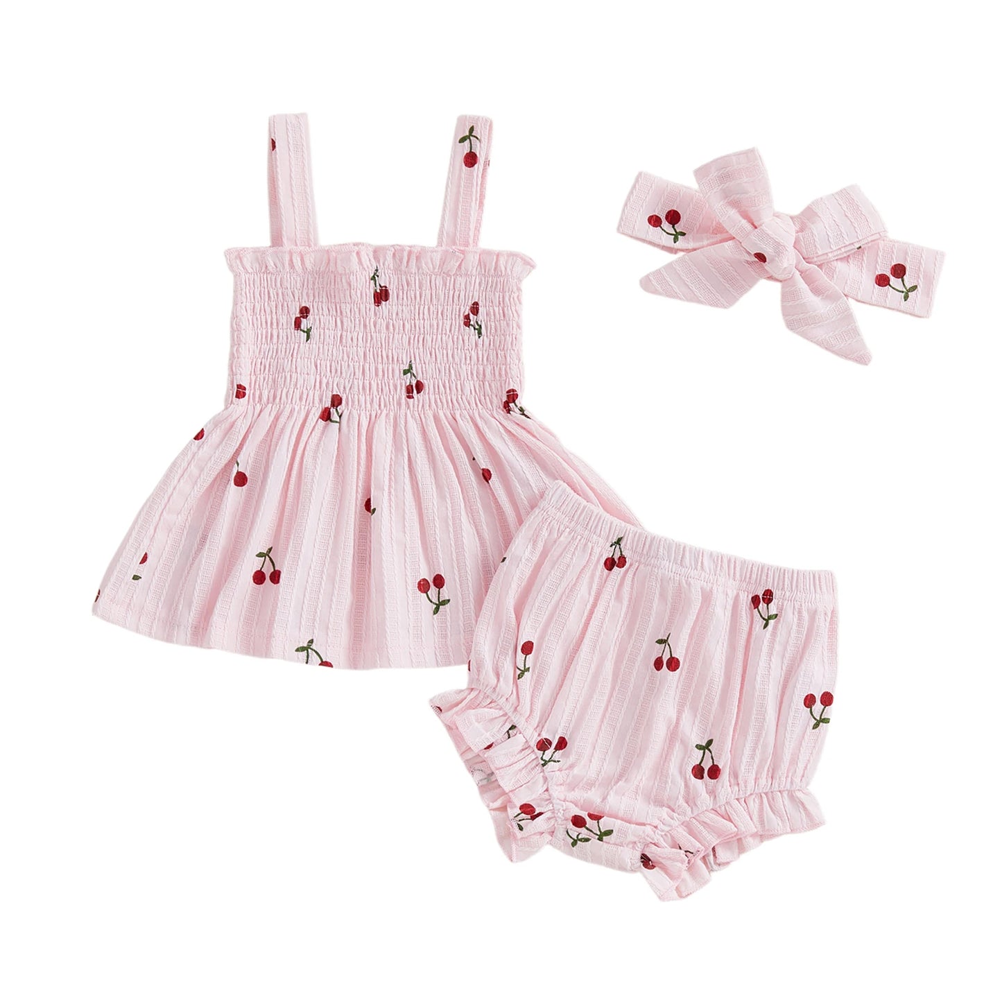 Baby Girls Summer Outfit Set - Cherry Print Square Collar Top with Ruffled Shorts & Headband 0-24M