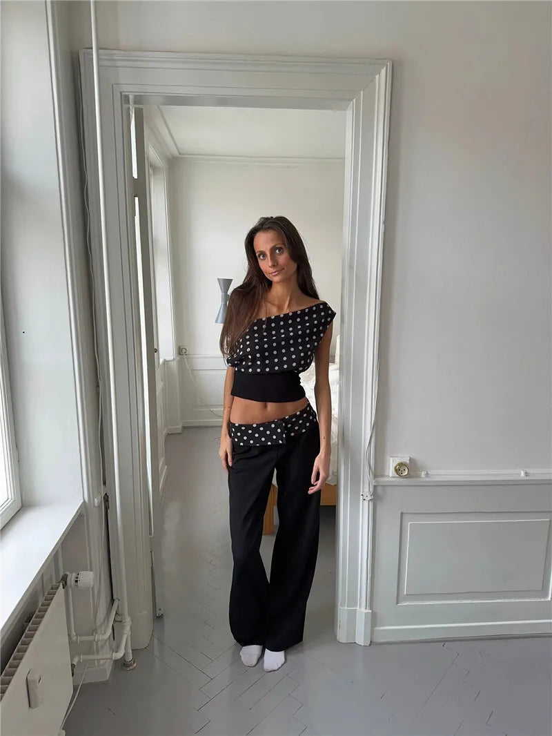 Women's Backless Polka Dot Crop Top Summer New Oblique Shoulder Sleeveless Tank Top