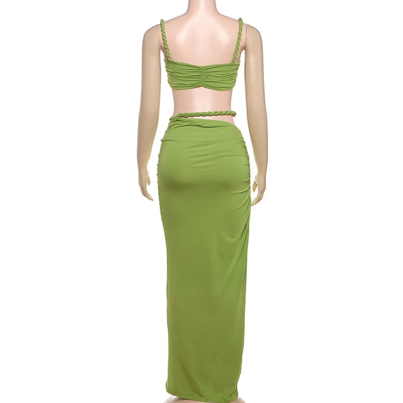 Women's Ruched Bandage 2 Piece Set Backless Decorative Cord Top and Skirt Dress Set