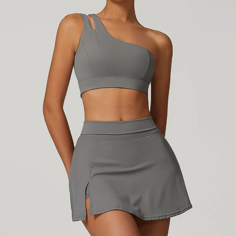 Women’s 2pc Sports Skirt Suit Outdoor Leisure Single Shoulder Bra Suit Quick Drying Tennis Set Yoga workout Skirt Set