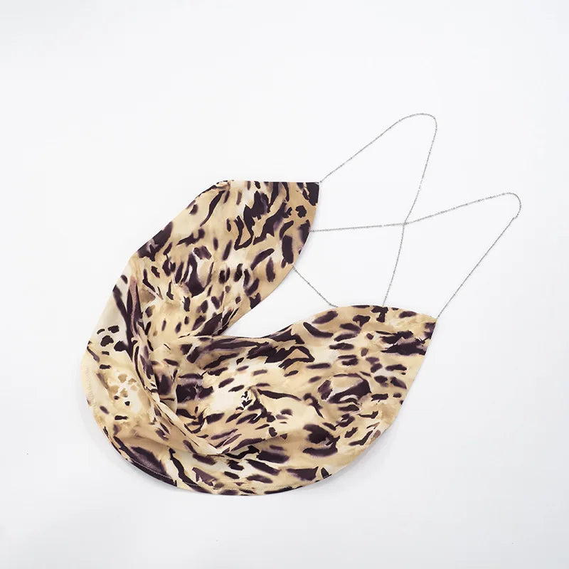 Women's Leopard Print Draped Cami Top - Deep V Neck Chain Detail Backless Crop Top