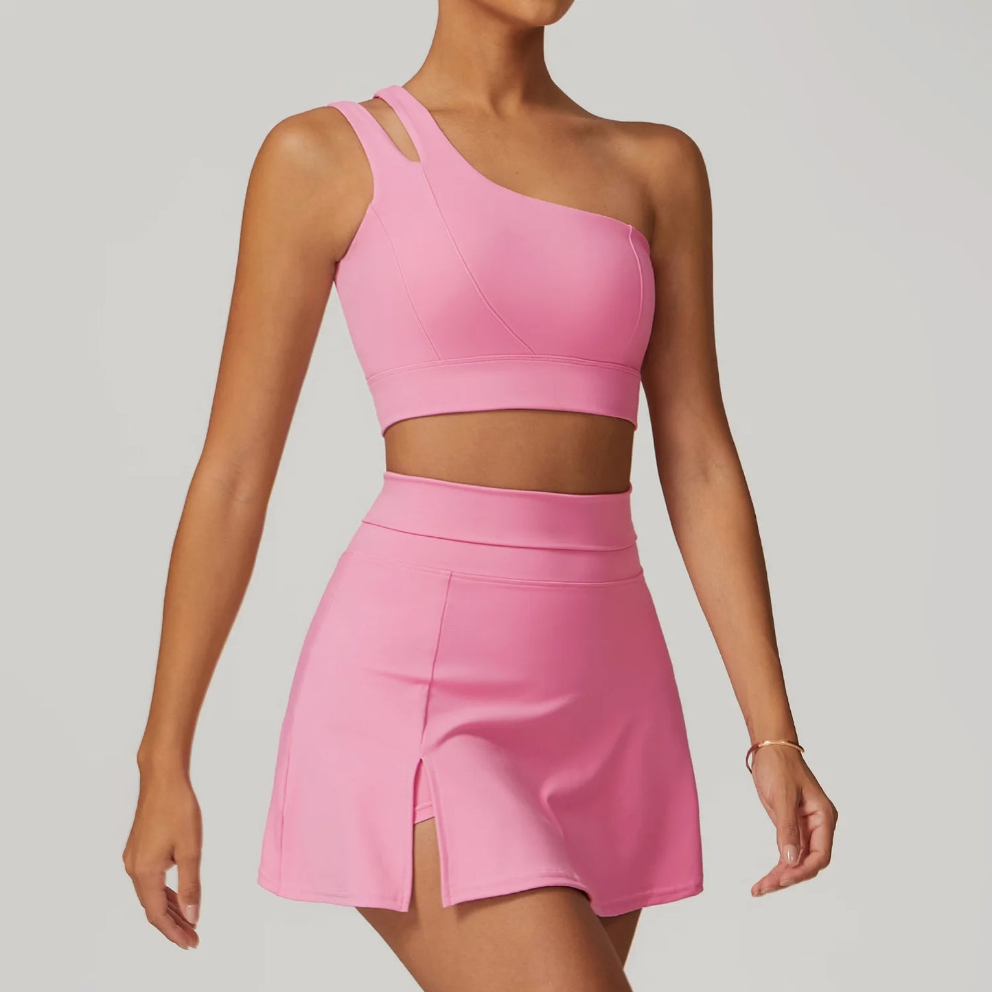 Women’s 2pc Sports Skirt Suit Outdoor Leisure Single Shoulder Bra Suit Quick Drying Tennis Set Yoga workout Skirt Set