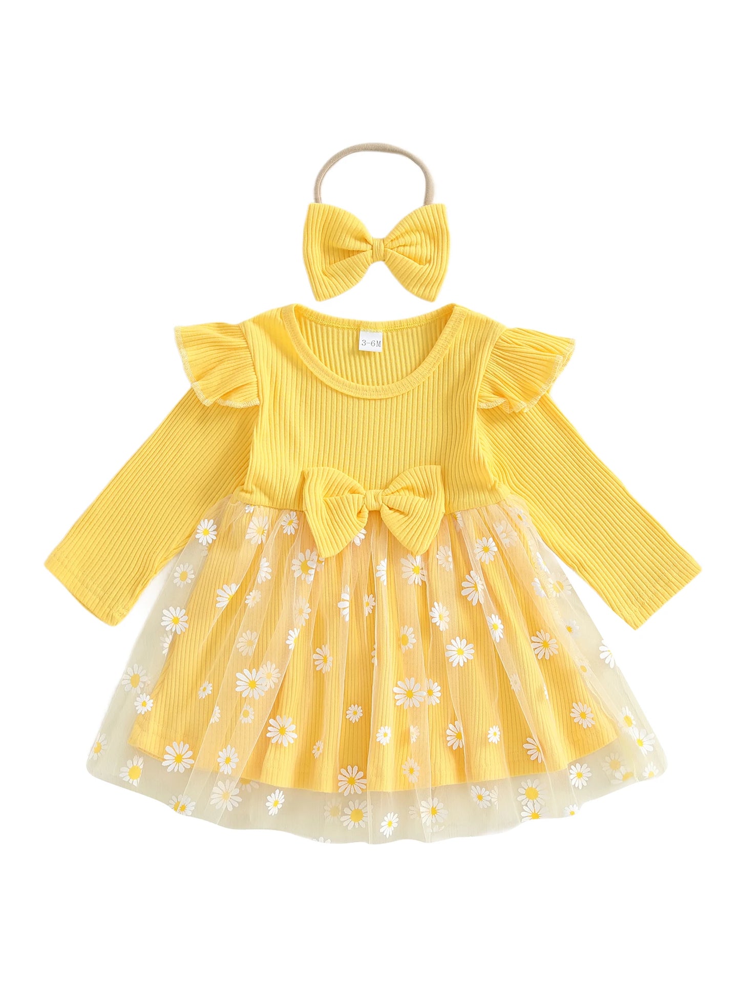 Lovely Baby Girls Fall Winter Dress - Sunflowers Print Tulle Dress with Headband (0-3Y)