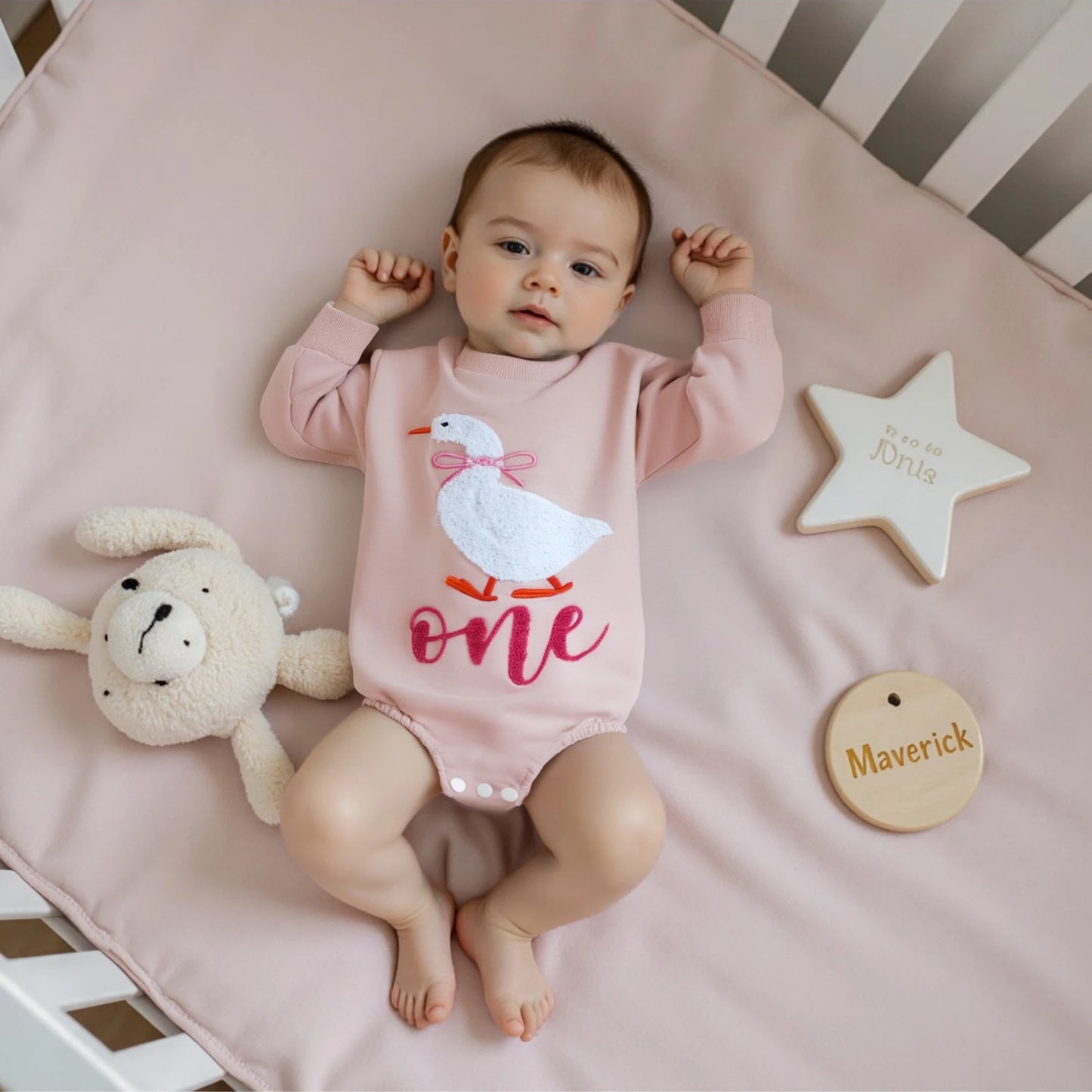 Newborn Baby Birthday Romper - Goose Letter Embroidery Long Sleeve Bubble Jumpsuit