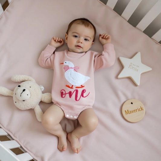 Newborn Baby Birthday Romper - Goose Letter Embroidery Long Sleeve Bubble Jumpsuit