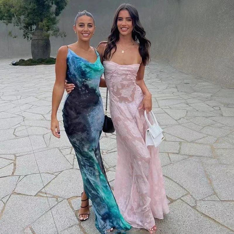 Women's See Through Spaghetti Maxi Plunge Off Shoulder Floral Mesh Patchwork Long Dress