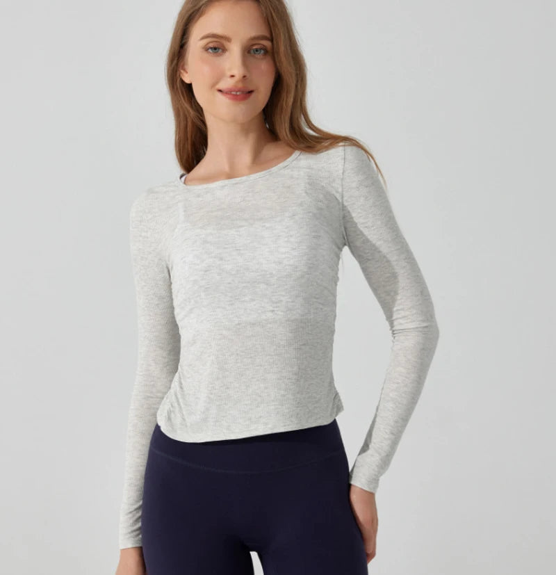 Women's Long Sleeve Yoga Shirt Slim Fit Gym Top Breathable Ribbed Gym Running Top Workout Sportswear