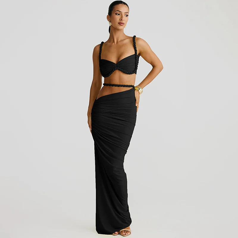 Women's Ruched Bandage 2 Piece Set Backless Decorative Cord Top and Skirt Dress Set
