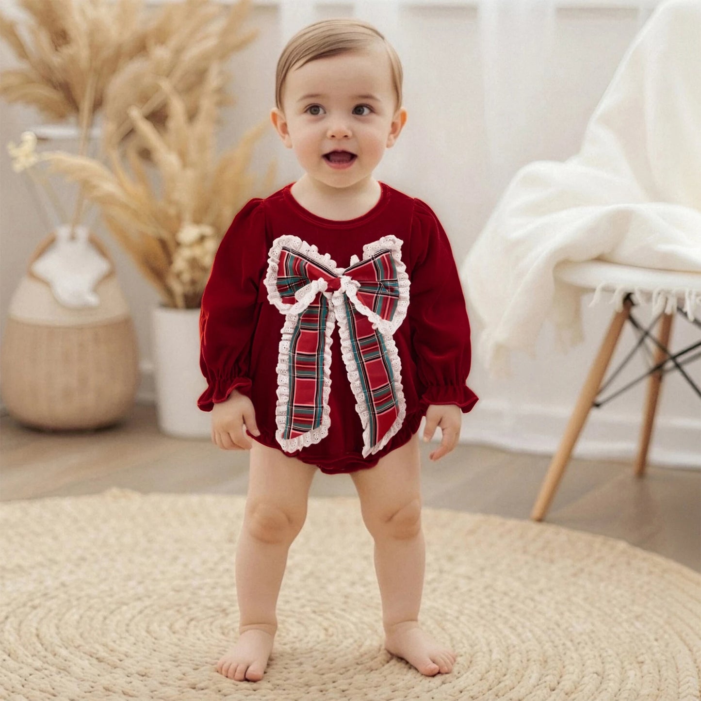 Lovely Baby Velvet Christmas Romper with Plaid Bow (0-18M)