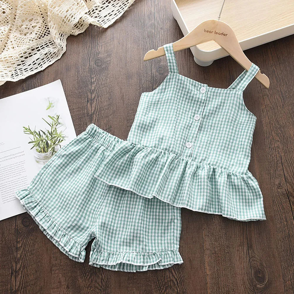 Girls Summer Feather Outfit Set - Sleeveless Top & Bandage Shorts