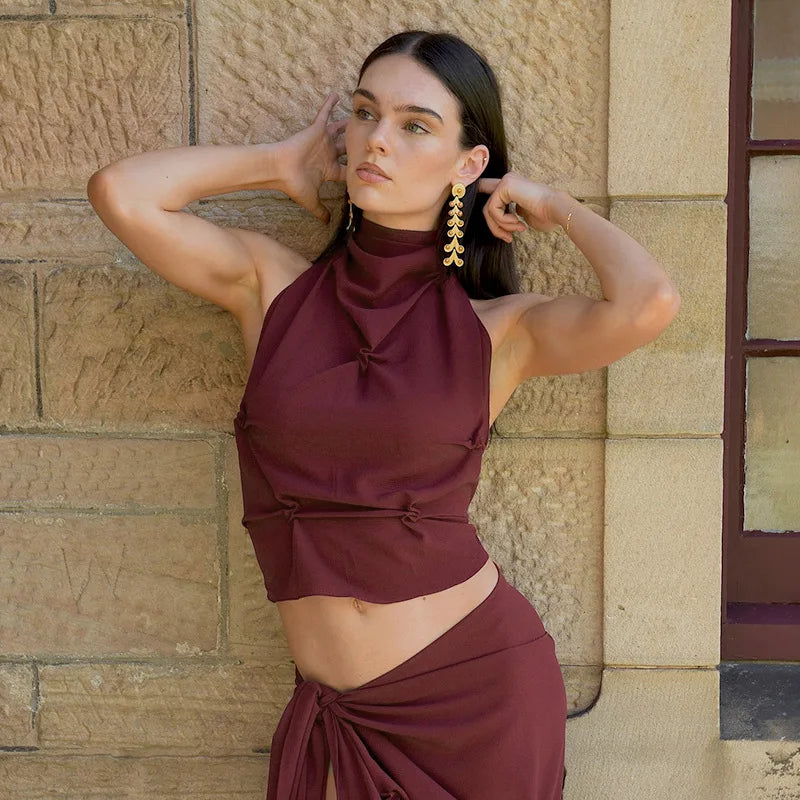 Women's Halter Lace Up Backless Tanks Top Camis Sleeveless Pleated Top