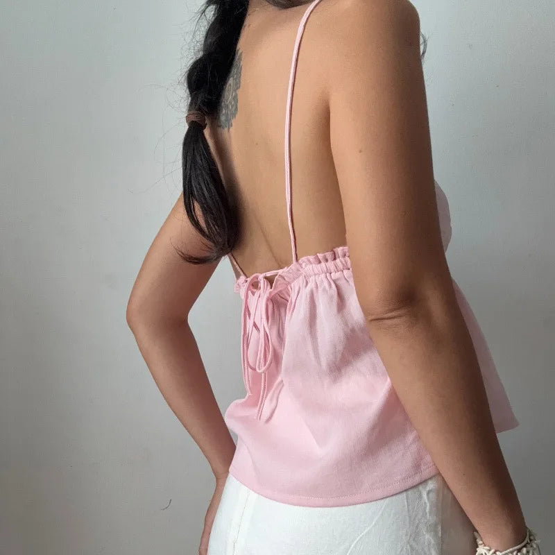 Y2K Camisole Crop Top - Backless Tie Front Top for Women