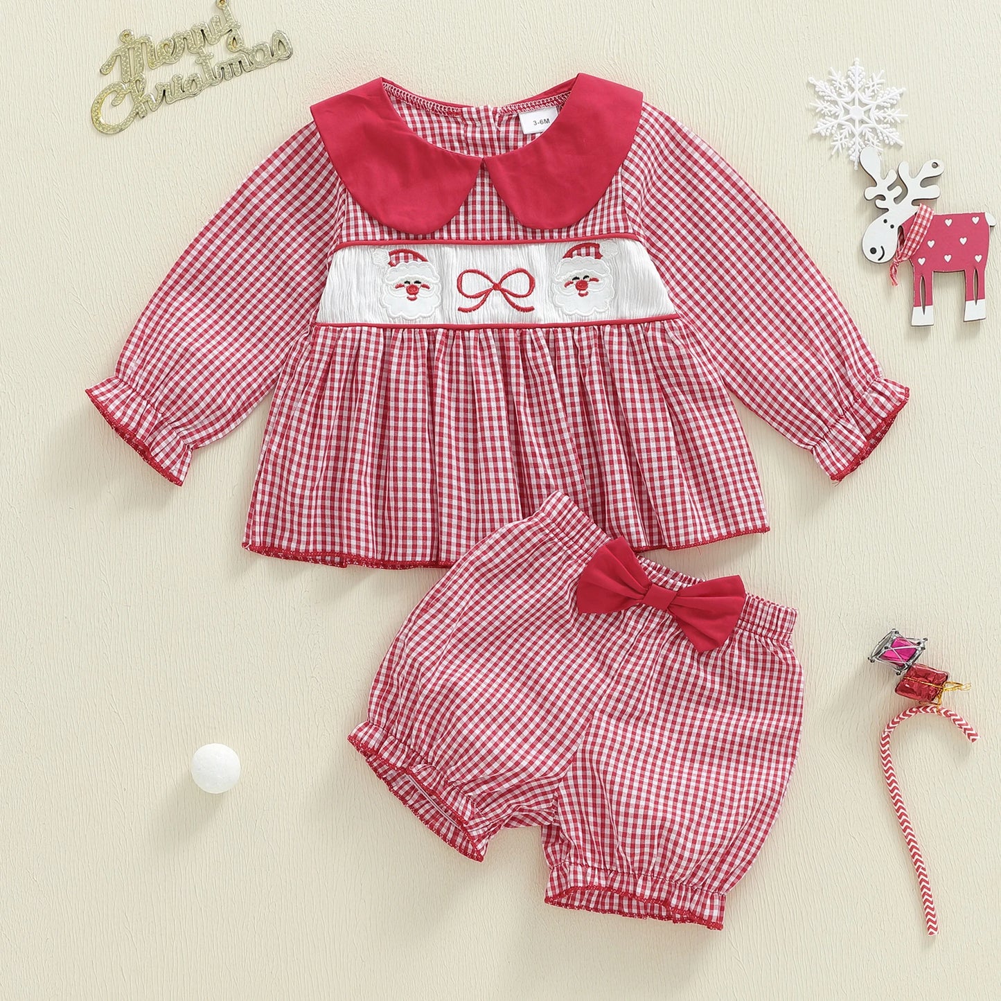 Baby Girls' Christmas Outfit Set - Long Sleeve Plaid Top & Lantern Shorts 2 Piece