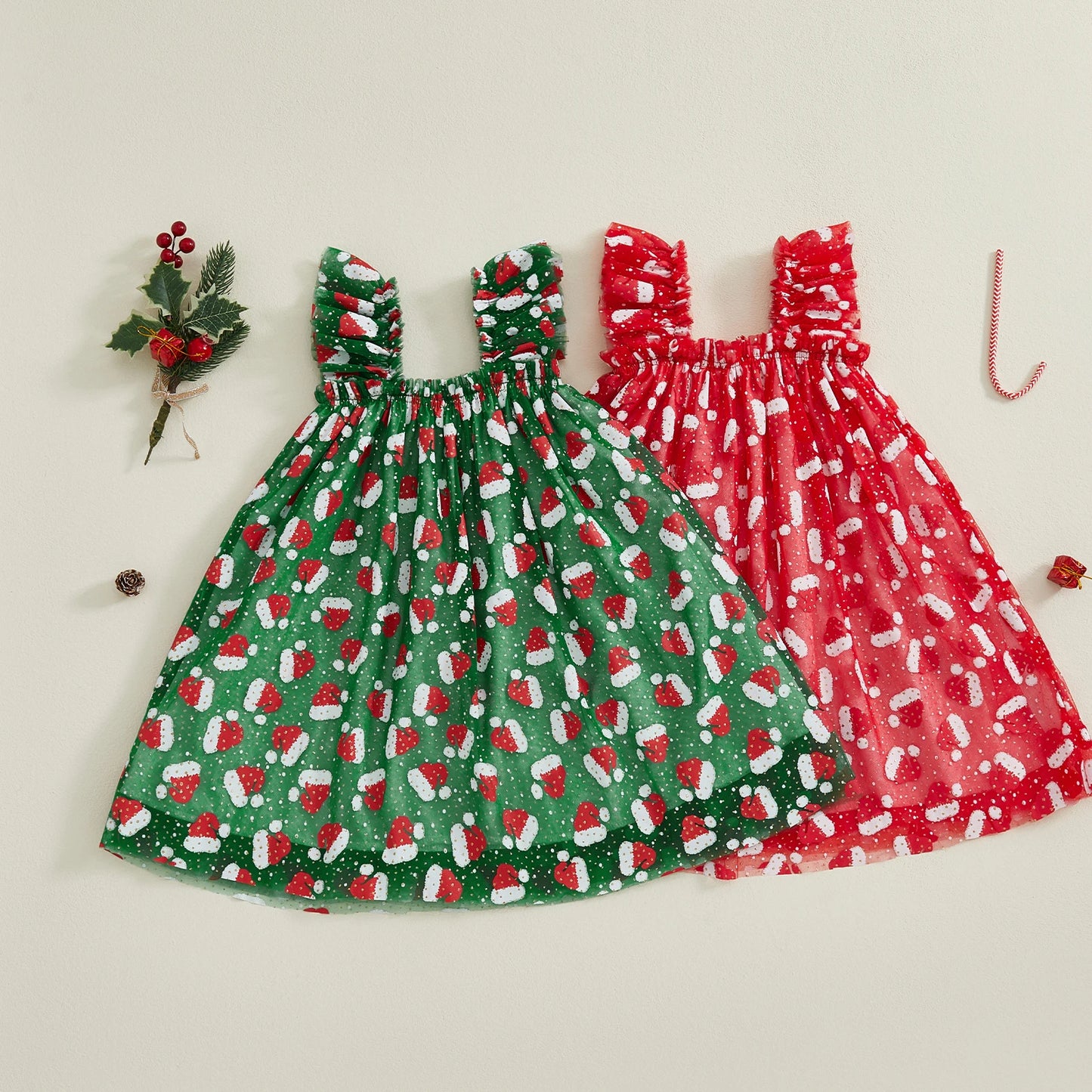 Toddler Girls' Christmas Tulle Dress - Santa Hat Print Sleeveless A-Line Party Dress