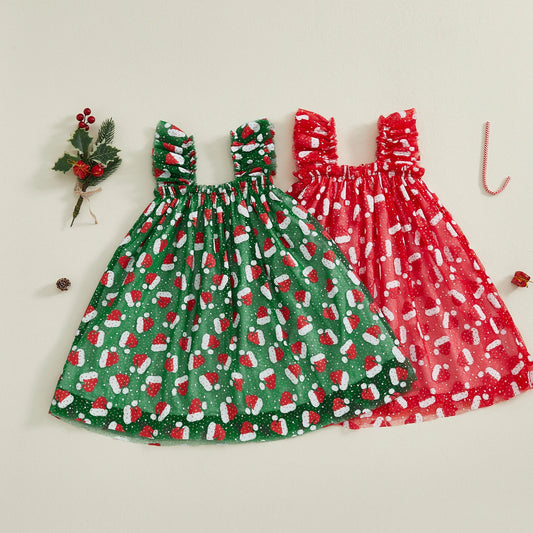 Toddler Girls' Christmas Tulle Dress - Santa Hat Print Sleeveless A-Line Party Dress