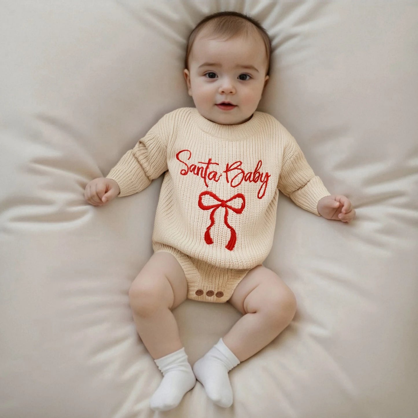 Baby Christmas Romper Sweater - Letter Bow Embroidery Ribbed Long Sleeve
