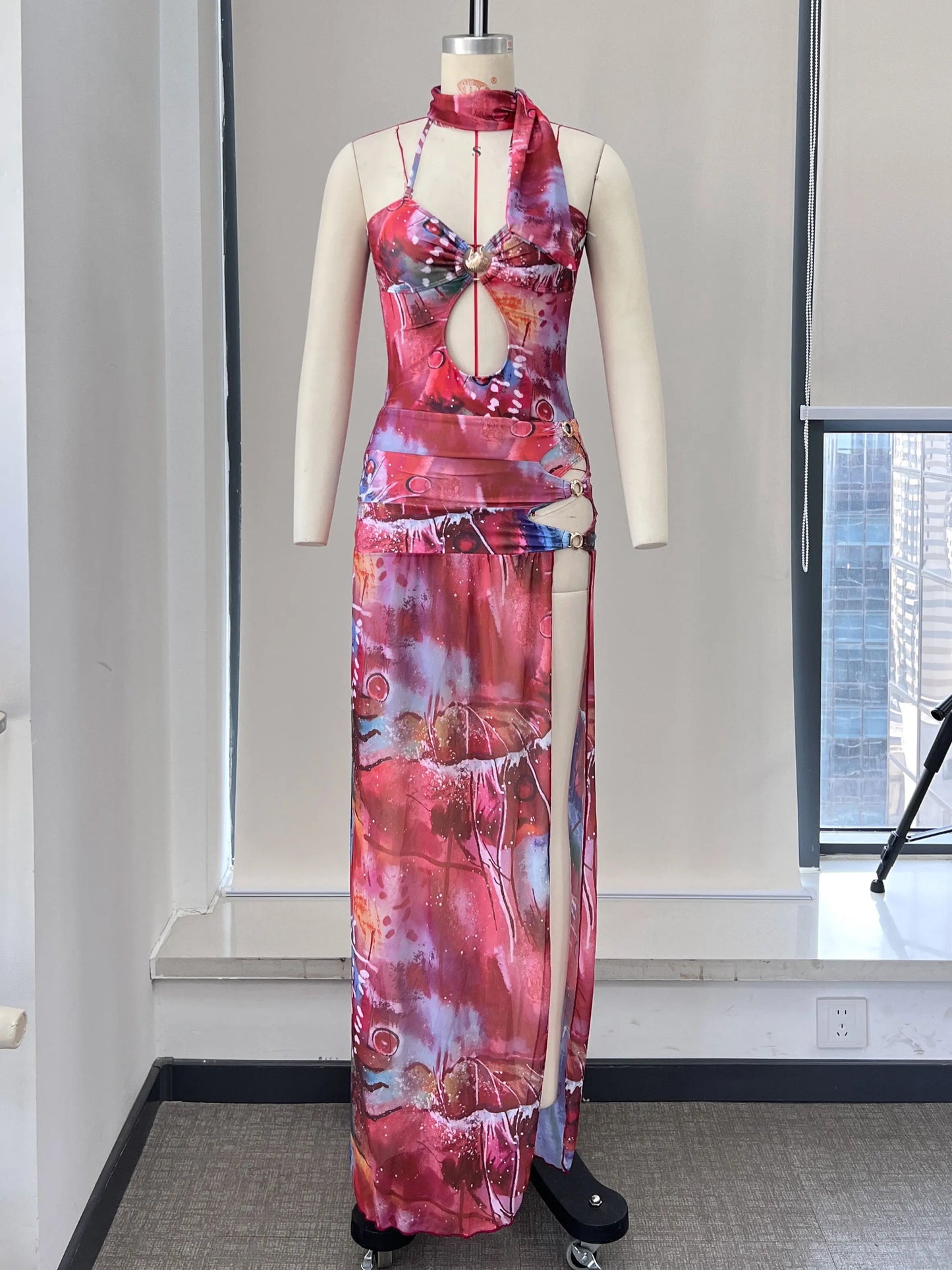 Women's Print Backless Swimwear with Skirt Women Slit Hollow Out Long Summer Bodycon Ruffles Dress