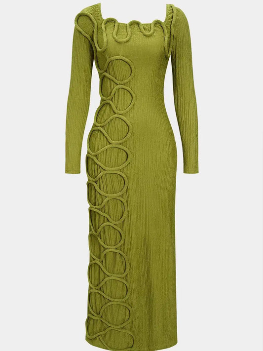 Women's Zipper Square Neck Twist Knot Long Sleeve Dress