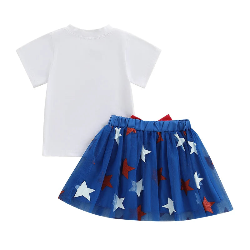 0-4Y Summer Kids Girls USA Clothes Set Short Sleeve Letter Bow Embroidery T Shirts Star Tulle Skirt