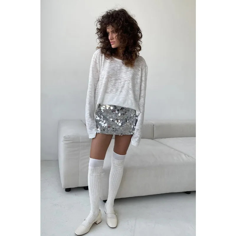 Women's High Waisted Sequins Skirt - Hip Wrap Mini Splice Glitter Skirt