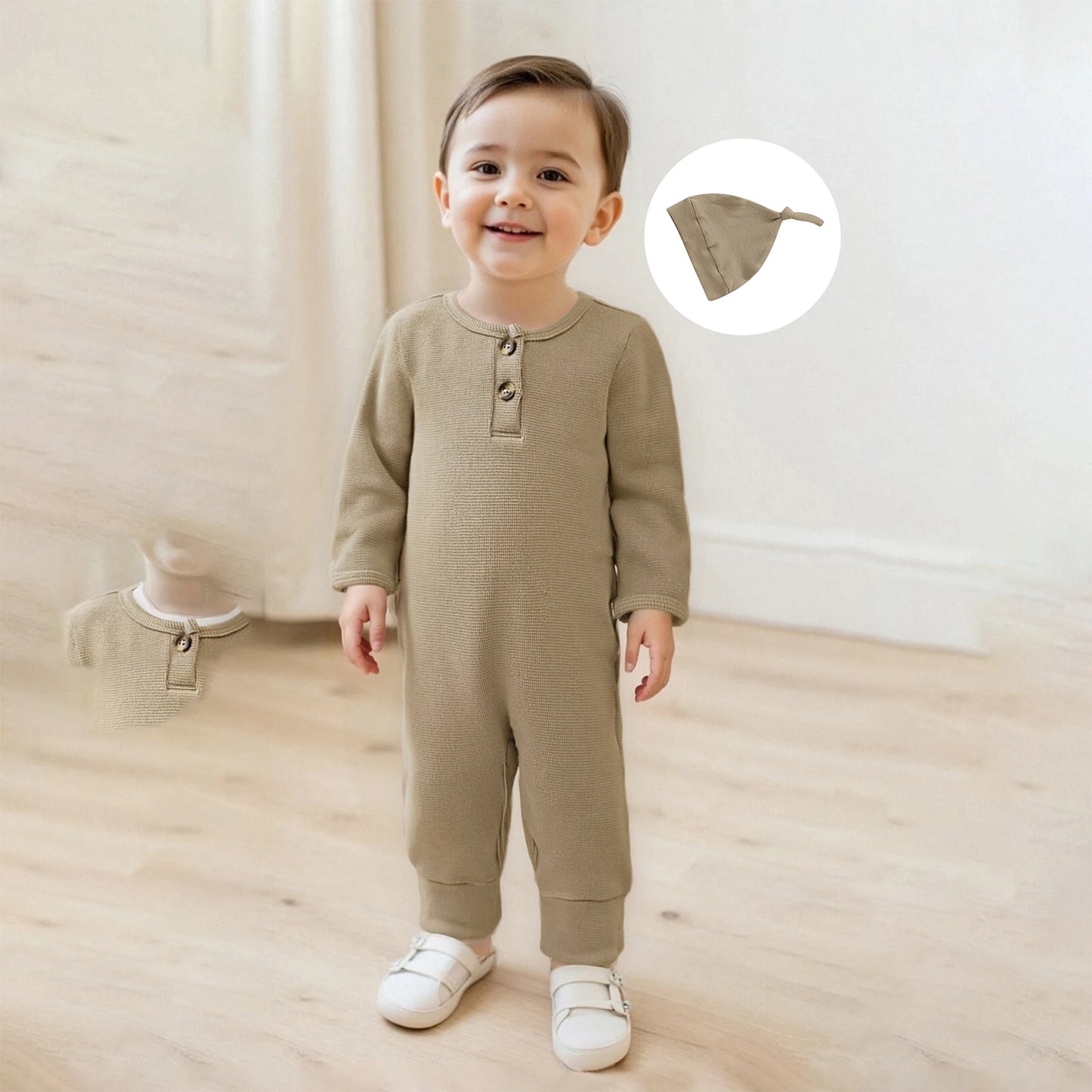 Newborn Baby Fall Winter Romper - Long Sleeve Solid Jumpsuit with Hat (0-6M)