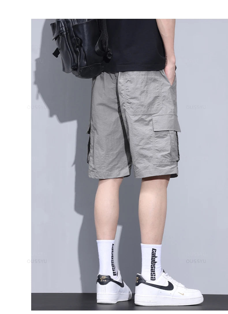 Summer Ultrathin Shorts Pants Men Cargo Work Side Pockets Joggers Grey Bermuda Knee Beach Nylon Short Pant Male Big Size M-5XL