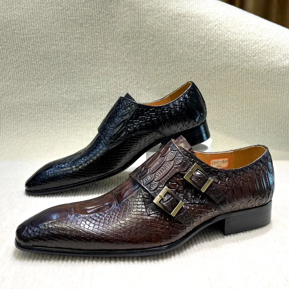 Men's Italian Genuine Leather Formal Oxford Python Crocodile Pattern Button Detailing for Office Party Wedding Shoes