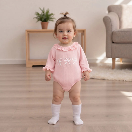 Lovely Baby Girls Bubble Romper - Bow Embroidery Long Sleeve Ruffle Jumpsuit (0-18M)