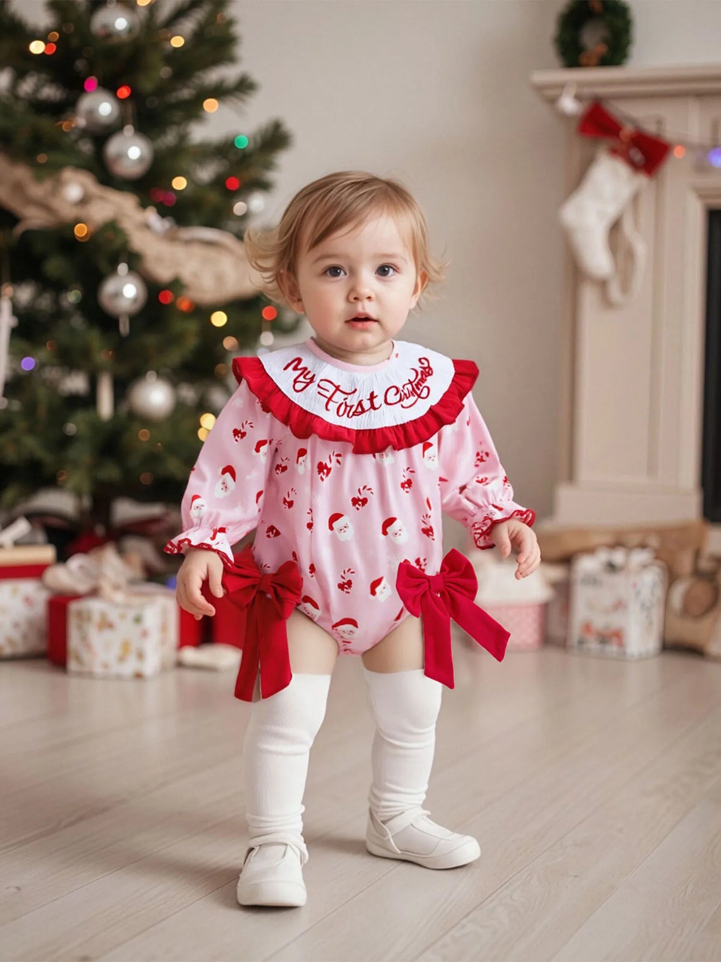 Baby Girls Christmas Letter Embroidered Romper with Bow (0-18M)