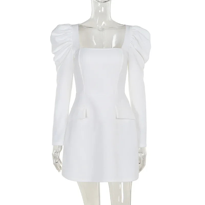 Women's Square Collar Long Sleeve Mini Ruched Elegant Bodycon Pockets Splice Dress