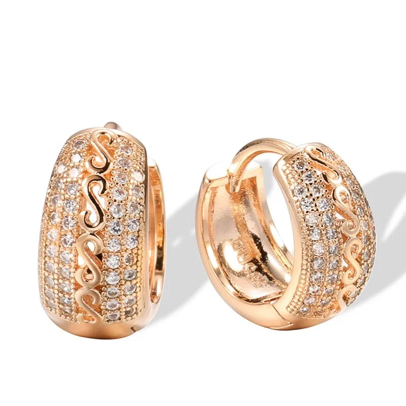 Women's Hollow Pattern Natural Zircon 585 Rose Gold Color Hoop Earrings