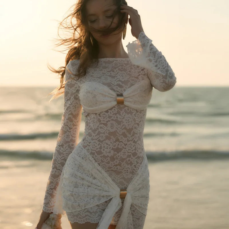 Women's Embellished Lace Hollow Out Mini Dress - Flare Sleeve See Through Wrap